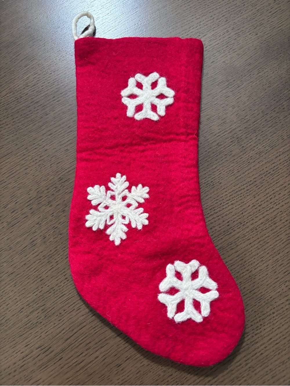 Red Felt Christmas Stocking with White Snowflakes